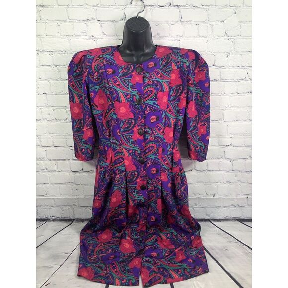 vtg 80's Our's‎ multicolor purpuple pink button front shift dress sz 10 - Picture 1 of 7